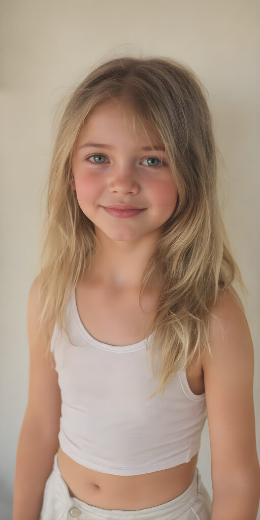 a (hyper-realistic, highly-detailed, vivid (((full body ((profile)) photo))), with ((warm glowing highlights)), ((softly backlit)), of a cute, innocent, ((skinny but toned)), ((young girl)) with a ((perfect round, plump lips)), and ((semi-long, straight, blonde, casually styled hair)), wearing a ((white short tank top)), paired with ((short pants)), in a ((natural, cheerful, happy expressions)), and ((looking directly into the camera))