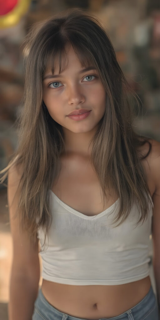 a (hyper-realistic, highly-detailed, vivid (((full body ((profile)) photo))), with ((warm glowing highlights)), ((softly backlit)), of an innocent, ((skinny but toned)), ((young teen girl)) with a ((perfect round, plump lips)), and ((semi-long, straight, black, casually styled hair)), wearing a ((white short tank top, deep v-neck, well busty, perfect curved)), paired with ((short pants)), in a ((natural, cheerful, happy expressions)), and ((looking directly into the camera))