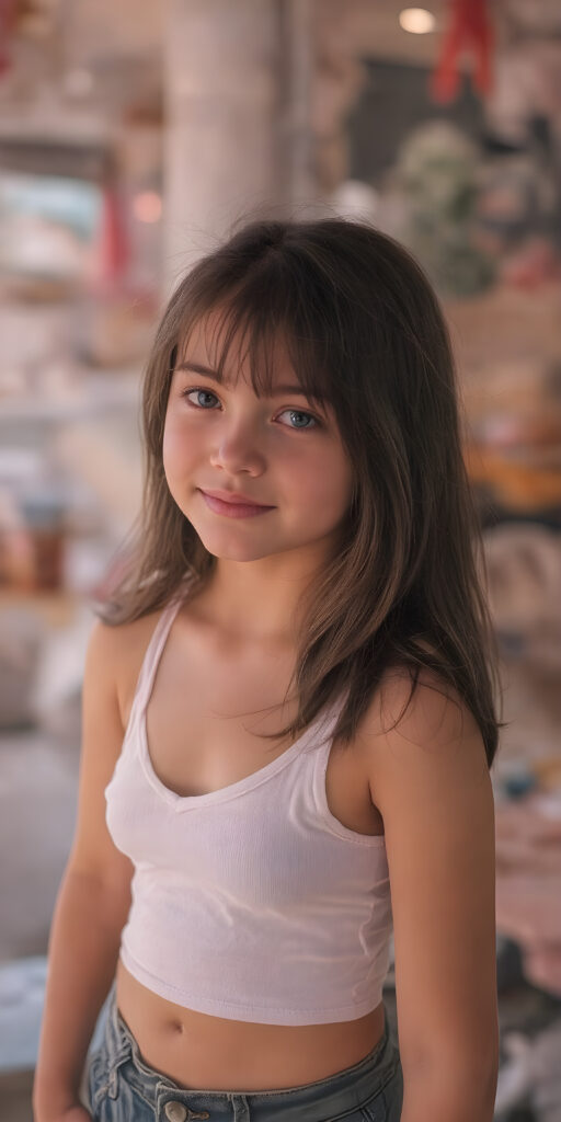 a (hyper-realistic, highly-detailed, vivid (((full body ((profile)) photo))), with ((warm glowing highlights)), ((softly backlit)), of a cute, innocent, ((skinny but toned)), ((young girl)) with a ((perfect round, plump lips)), and ((semi-long, straight, black, casually styled hair)), wearing a ((white short tank top, deep v-neck, well busty, perfect curved)), paired with ((short pants)), in a ((natural, cheerful, happy expressions)), and ((looking directly into the camera))