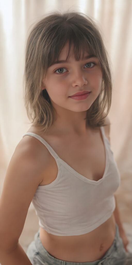 a (hyper-realistic, highly-detailed, vivid (((full body ((profile)) photo))), with ((warm glowing highlights)), ((softly backlit)), of a cute, innocent, ((skinny but toned)), ((young girl)) with a ((perfect round, plump lips)), and ((semi-long, straight, black, casually styled hair)), wearing a ((white short tank top, deep v-neck, well busty, perfect curved)), paired with ((short pants)), in a ((natural, cheerful, happy expressions)), and ((looking directly into the camera))