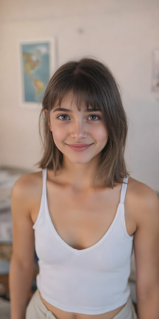 a (hyper-realistic, highly-detailed, vivid (((full body ((profile)) photo))), with ((warm glowing highlights)), ((softly backlit)), of an innocent, ((skinny but toned)), ((young teen girl)) with a ((perfect round, plump lips)), and ((semi-long, straight, black, casually styled hair)), wearing a ((white short tank top, deep v-neck, well busty, perfect curved)), paired with ((short pants)), in a ((natural, cheerful, happy expressions)), and ((looking directly into the camera))