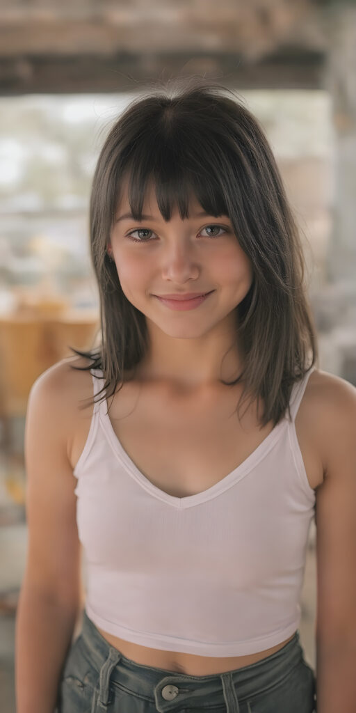 a (hyper-realistic, highly-detailed, vivid (((full body ((profile)) photo))), with ((warm glowing highlights)), ((softly backlit)), of an innocent, ((skinny but toned)), ((young teen girl)) with a ((perfect round, plump lips)), and ((semi-long, straight, black, casually styled hair)), wearing a ((white short tank top, deep v-neck, well busty, perfect curved)), paired with ((short pants)), in a ((natural, cheerful, happy expressions)), and ((looking directly into the camera))