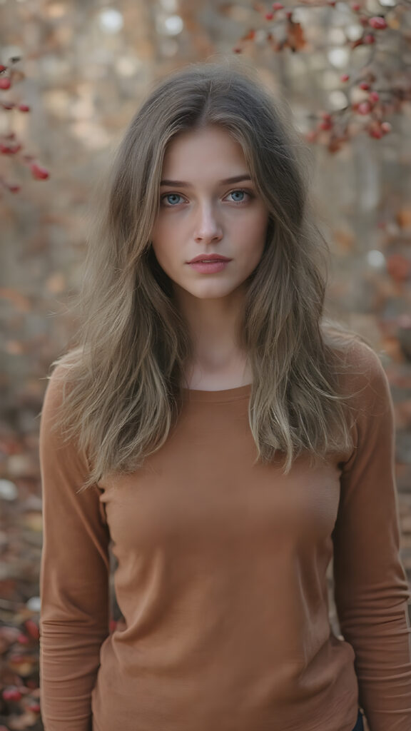 a (hyper-realistic, highly-detailed, vivid ((full-body portrait)), with ((warm highlights)) ((soft, natural light)) ((crisp details)), featuring an (extremely beautiful, mature, slim, trim, toned upper body), ((full body)), with ((dark, muted red and white berries)) that give off an (autumn glow). The scene evokes a sense of (serene, natural beauty) that makes you feel (warm and cozy) about the world around us. An ((extremely beautiful young girl with long, flowing, thick, wavy light brown hair)), with ((natural skin)), ((detailed skin)), ((perfect skin)), ((matching eyes)), ((perfect eyes)), ((perfect lips)), (((wearing a form-fitting thin, mid-neck, long, sleek, light brown shirt)) that gives off an (autumn spirit), paired with ((perfect, detailed, warm light brown hands)), (((standing in an autumnal forest))), where the ((red and white berries)) are in the foreground, ((surrounded by a cozy fall atmosphere))