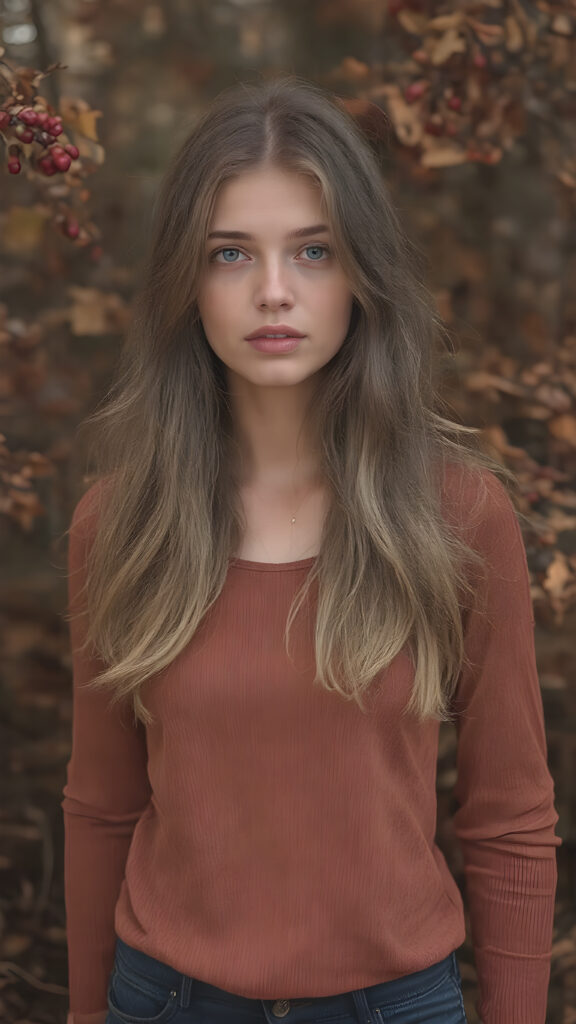 a (hyper-realistic, highly-detailed, vivid ((full-body portrait)), with ((warm highlights)) ((soft, natural light)) ((crisp details)), featuring an (extremely beautiful, mature, slim, trim, toned upper body), ((full body)), with ((dark, muted red and white berries)) that give off an (autumn glow). The scene evokes a sense of (serene, natural beauty) that makes you feel (warm and cozy) about the world around us. An ((extremely beautiful young girl with long, flowing, thick, wavy light brown hair)), with ((natural skin)), ((detailed skin)), ((perfect skin)), ((matching eyes)), ((perfect eyes)), ((perfect lips)), (((wearing a form-fitting thin, mid-neck, long, sleek, light brown shirt)) that gives off an (autumn spirit), paired with ((perfect, detailed, warm light brown hands)), (((standing in an autumnal forest))), where the ((red and white berries)) are in the foreground, ((surrounded by a cozy fall atmosphere))