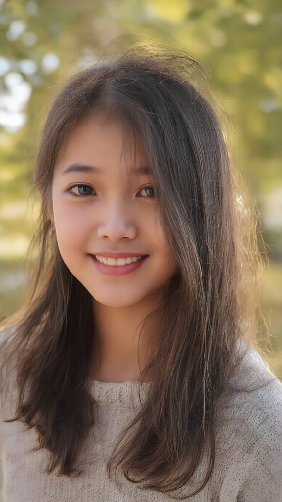 a (hyper-realistic, highly-detailed, vivid (((photo))), with ((warm highlights)), (((dramatic cool-toned diffuse back-lighting))), ((crisp details)), captured at ((the peak of the season)) for a (beautiful young Japanese teen girl) with ((long, soft, black jet soft hair)), ((amber eyes)), round face, full lips, smile, white teeth, ((natural light makeup)), and ((detailed, matching, perfect teeth)), in a ((natural pose)), exuding ((full body allure)), she wears a fine sweater, all against a natural backdrop in a sunny green park