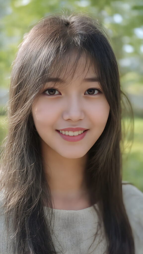 a (hyper-realistic, highly-detailed, vivid (((photo))), with ((warm highlights)), (((dramatic cool-toned diffuse back-lighting))), ((crisp details)), captured at ((the peak of the season)) for a (beautiful young Japanese teen girl) with ((long, soft, black jet soft hair)), ((amber eyes)), round face, full lips, smile, white teeth, ((natural light makeup)), and ((detailed, matching, perfect teeth)), in a ((natural pose)), exuding ((full body allure)), she wears a fine sweater, all against a natural backdrop in a sunny green park