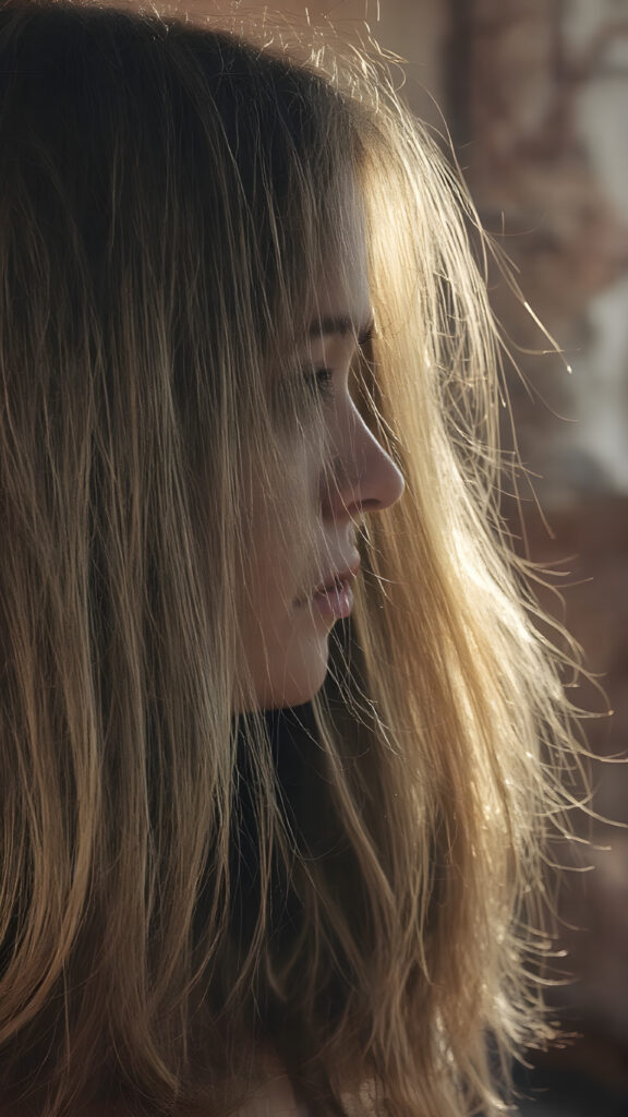 a (hyper-realistic, highly-detailed, vivid (((full body ((profile)) photo))), with ((warm glowing highlights)), ((softly backlit)), of a cute, innocent young Latin girl with long, straight soft hair, side view