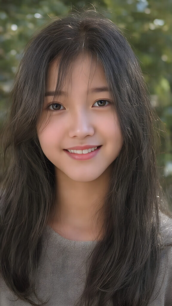 a (hyper-realistic, highly-detailed, vivid (((photo))), with ((warm highlights)), (((dramatic cool-toned diffuse back-lighting))), ((crisp details)), captured at ((the peak of the season)) for a (beautiful young Japanese teen girl) with ((long, soft, black jet soft hair)), ((amber eyes)), round face, full lips, smile, white teeth, ((natural light makeup)), and ((detailed, matching, perfect teeth)), in a ((natural pose)), exuding ((full body allure)), she wears a fine sweater, all against a natural backdrop in a sunny green park