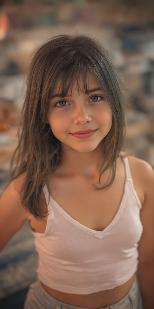 a (hyper-realistic, highly-detailed, vivid (((full body ((profile)) photo))), with ((warm glowing highlights)), ((softly backlit)), of a cute, innocent, ((skinny but toned)), ((young girl)) with a ((perfect round, plump lips)), and ((semi-long, straight, black, casually styled hair)), wearing a ((white short tank top, deep v-neck, well busty, perfect curved)), paired with ((short pants)), in a ((natural, cheerful, happy expressions)), and ((looking directly into the camera))