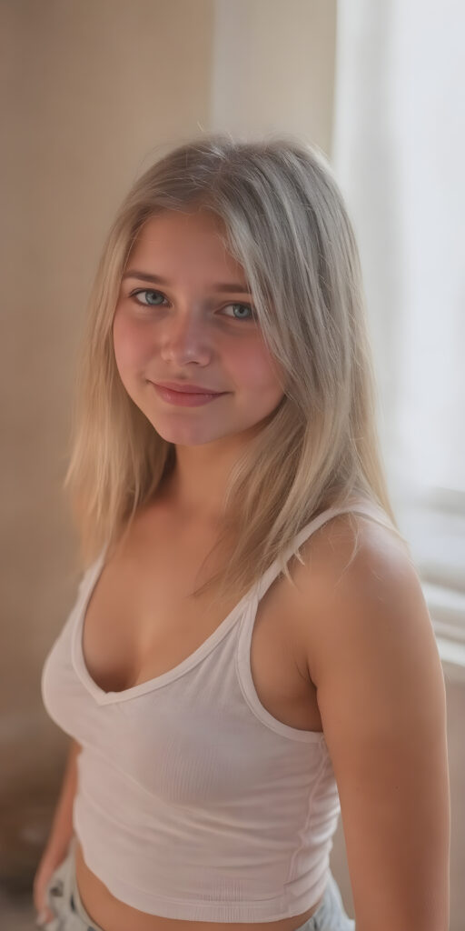 a (hyper-realistic, highly-detailed, vivid (((full body ((profile)) photo))), with ((warm glowing highlights)), ((softly backlit)), of a cute, innocent, ((skinny but toned)), ((young girl)) with a ((perfect round, plump lips)), and ((semi-long, straight, blonde, casually styled hair)), wearing a ((white short tank top)), paired with ((short pants)), in a ((natural, cheerful, happy expressions)), and ((looking directly into the camera))