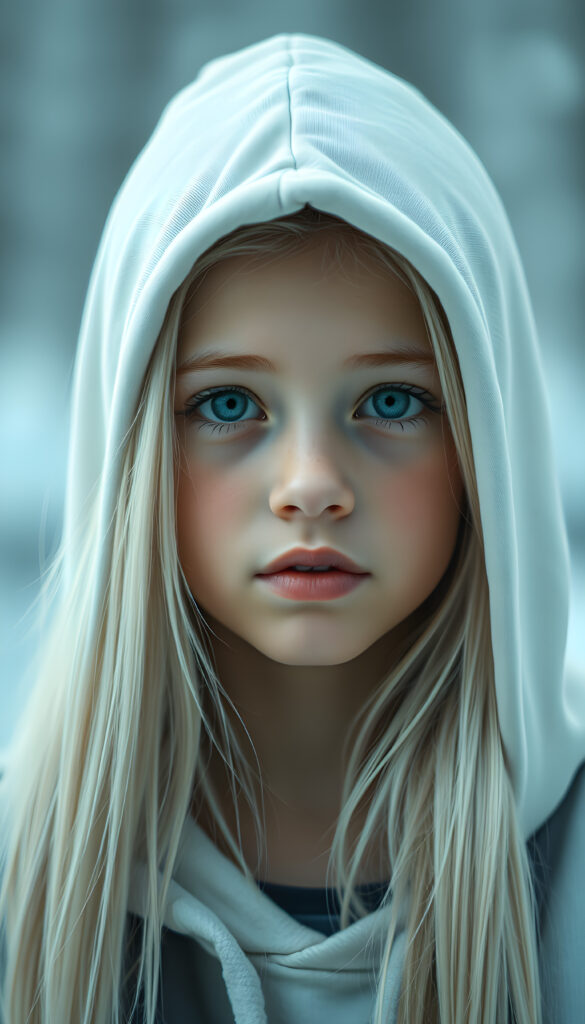 a hyper-realistic, highly detailed, vivid portrait of a young girl, long straight soft white hair, white thin hoodie, round detailed face, full lips