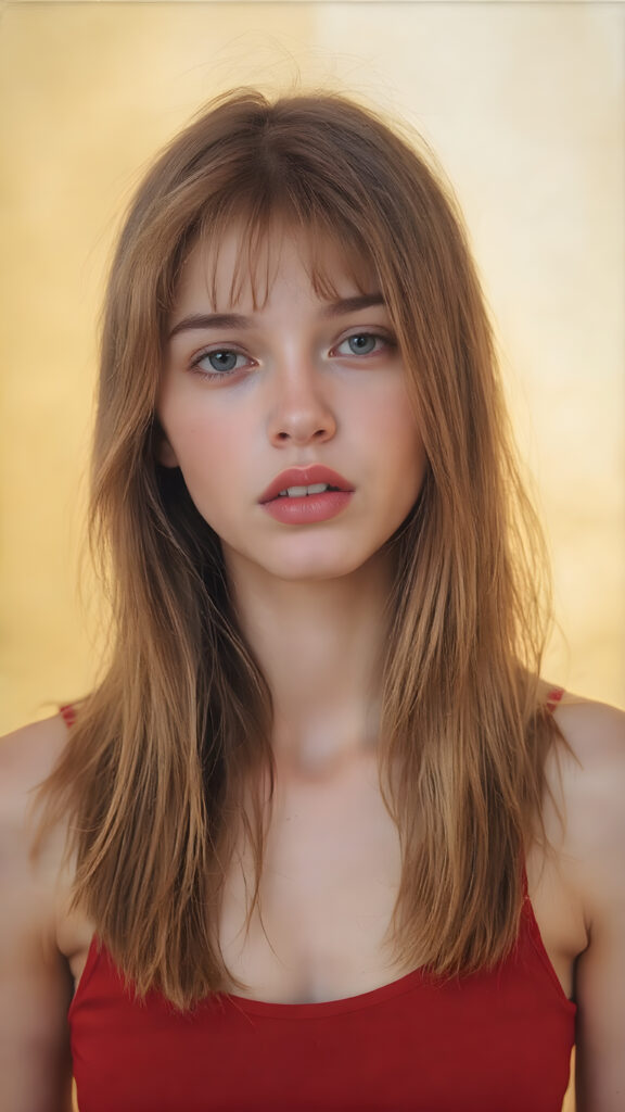 a hyper realistic version of a young teen girl, thick, slightly red hair that reaches just above the shoulders, and glossy, plump, big red lips that are slightly parted. She wears a super realistic, flared and slightly transparent sleeveless thin strap crop top in copper red color that goes down to her thighs. The hair is straight with a slightly wavy pattern, while the lips are a light red color and are slightly parted. The face is flawless, with clear skin and a healthy glow, and the cheeks are slightly rosy. The overall look is natural and tasteful, with emphasis on the lips and skin texture. The focus is on the entire face, with a front view that captures the natural beauty of the skin and hair. The background is slightly blurred, with a golden hue that gives the image a warm and inviting feel. She poses slightly looking into the camera, with a natural expression that is in line with the overall aesthetic of the image.