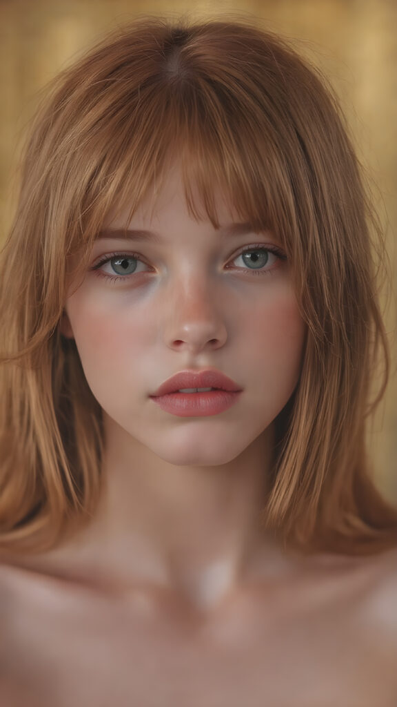 a hyper realistic version of a young teen girl, slightly soft straight red hair, and glossy, plump, big red lips that are slightly parted. She wears a super realistic, flared and slightly transparent sleeveless thin strap crop top in copper red color that goes down to her thighs, the lips are a light red color and are slightly parted. The face is flawless, with clear skin and a healthy glow, and the cheeks are slightly rosy. The overall look is natural and tasteful, with emphasis on the lips and skin texture. The focus is on the entire face, with a front view that captures the natural beauty of the skin and hair. The background is slightly blurred, with a golden hue that gives the image a warm and inviting feel. She poses slightly looking into the camera, with a natural expression that is in line with the overall aesthetic of the image.