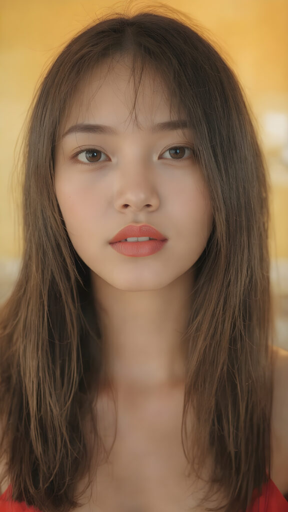 a hyper realistic version of myself, with straight, thick, slightly black red hair that reaches just above the shoulders, and glossy, plump, big red lips that are slightly parted. She wears a super realistic, flared and slightly transparent sleeveless thin strap crop top in copper red color that goes down to her thighs. The hair is straight with a slightly wavy pattern, while the lips are a light red color and are slightly parted. The face is flawless, with clear skin and a healthy glow, and the cheeks are slightly rosy. The overall look is natural and tasteful, with emphasis on the lips and skin texture. The focus is on the entire face, with a front view that captures the natural beauty of the skin and hair. The background is slightly blurred, with a golden hue that gives the image a warm and inviting feel. She poses slightly looking into the camera, with a natural expression that is in line with the overall aesthetic of the image.