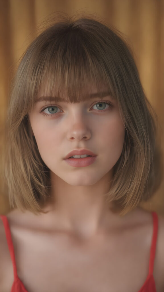 a hyper realistic version of a young teen girl, thick, slightly red hair that reaches just above the shoulders, and glossy, plump, big red lips that are slightly parted. She wears a super realistic, flared and slightly transparent sleeveless thin strap crop top in copper red color that goes down to her thighs. The hair is straight with a slightly wavy pattern, while the lips are a light red color and are slightly parted. The face is flawless, with clear skin and a healthy glow, and the cheeks are slightly rosy. The overall look is natural and tasteful, with emphasis on the lips and skin texture. The focus is on the entire face, with a front view that captures the natural beauty of the skin and hair. The background is slightly blurred, with a golden hue that gives the image a warm and inviting feel. She poses slightly looking into the camera, with a natural expression that is in line with the overall aesthetic of the image.