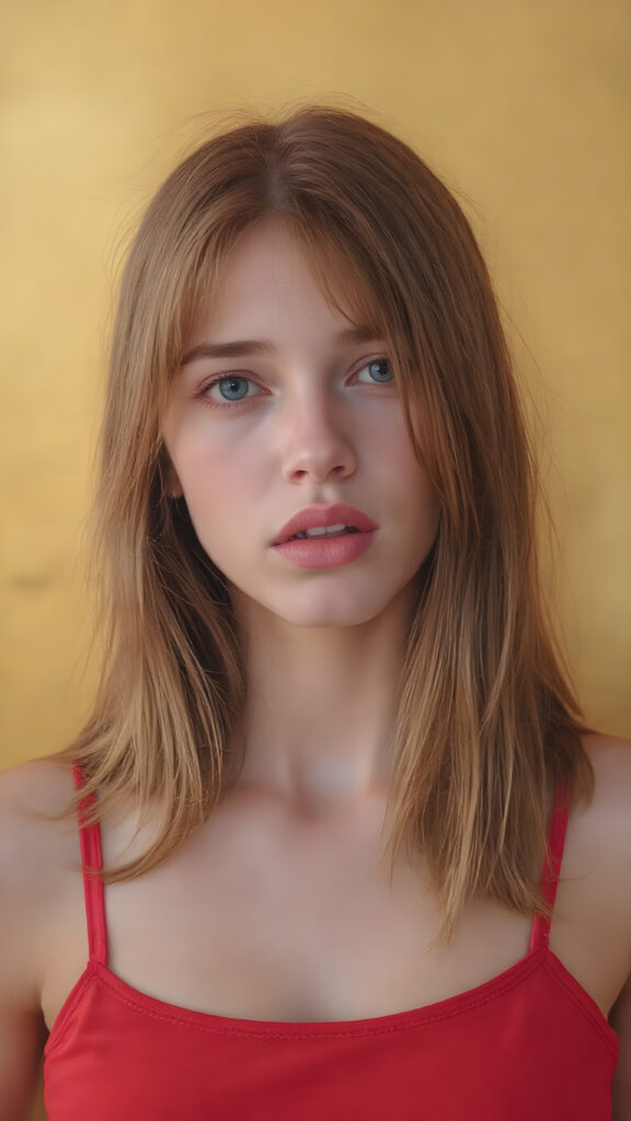 a hyper realistic version of a young teen girl, slightly soft straight red hair, and glossy, plump, big red lips that are slightly parted. She wears a super realistic, flared and slightly transparent sleeveless thin strap crop top in copper red color that goes down to her thighs, the lips are a light red color and are slightly parted. The face is flawless, with clear skin and a healthy glow, and the cheeks are slightly rosy. The overall look is natural and tasteful, with emphasis on the lips and skin texture. The focus is on the entire face, with a front view that captures the natural beauty of the skin and hair. The background is slightly blurred, with a golden hue that gives the image a warm and inviting feel. She poses slightly looking into the camera, with a natural expression that is in line with the overall aesthetic of the image.