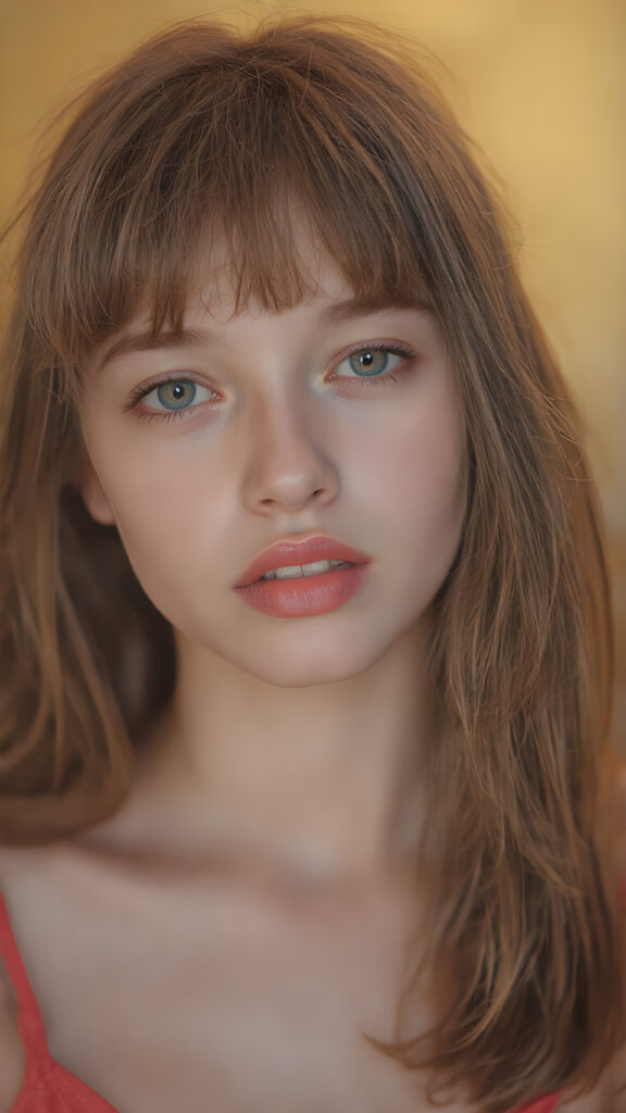 a hyper realistic version of a young teen girl, thick, slightly red hair that reaches just above the shoulders, and glossy, plump, big red lips that are slightly parted. She wears a super realistic, flared and slightly transparent sleeveless thin strap crop top in copper red color that goes down to her thighs. The hair is straight with a slightly wavy pattern, while the lips are a light red color and are slightly parted. The face is flawless, with clear skin and a healthy glow, and the cheeks are slightly rosy. The overall look is natural and tasteful, with emphasis on the lips and skin texture. The focus is on the entire face, with a front view that captures the natural beauty of the skin and hair. The background is slightly blurred, with a golden hue that gives the image a warm and inviting feel. She poses slightly looking into the camera, with a natural expression that is in line with the overall aesthetic of the image.