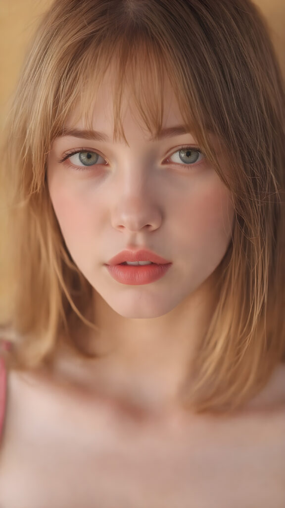 a hyper realistic version of a young teen girl, thick, slightly red hair that reaches just above the shoulders, and glossy, plump, big red lips that are slightly parted. She wears a super realistic, flared and slightly transparent sleeveless thin strap crop top in copper red color that goes down to her thighs. The hair is straight with a slightly wavy pattern, while the lips are a light red color and are slightly parted. The face is flawless, with clear skin and a healthy glow, and the cheeks are slightly rosy. The overall look is natural and tasteful, with emphasis on the lips and skin texture. The focus is on the entire face, with a front view that captures the natural beauty of the skin and hair. The background is slightly blurred, with a golden hue that gives the image a warm and inviting feel. She poses slightly looking into the camera, with a natural expression that is in line with the overall aesthetic of the image.