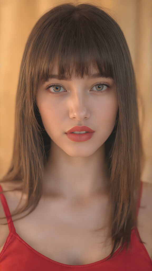 a hyper realistic version of myself, with straight, thick, slightly black red hair that reaches just above the shoulders, and glossy, plump, big red lips that are slightly parted. She wears a super realistic, flared and slightly transparent sleeveless thin strap crop top in copper red color that goes down to her thighs. The hair is straight with a slightly wavy pattern, while the lips are a light red color and are slightly parted. The face is flawless, with clear skin and a healthy glow, and the cheeks are slightly rosy. The overall look is natural and tasteful, with emphasis on the lips and skin texture. The focus is on the entire face, with a front view that captures the natural beauty of the skin and hair. The background is slightly blurred, with a golden hue that gives the image a warm and inviting feel. She poses slightly looking into the camera, with a natural expression that is in line with the overall aesthetic of the image.
