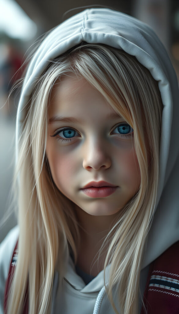 a hyper-realistic, highly detailed, vivid portrait of a young girl, long straight soft white hair, white thin hoodie, round detailed face, full lips
