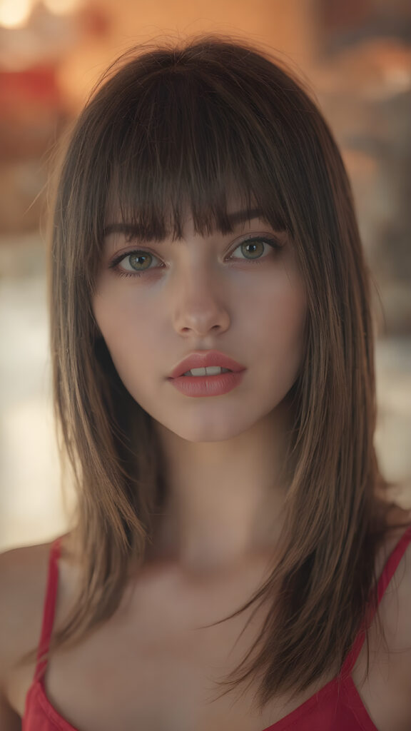 a hyper realistic version of myself, with straight, thick, slightly black red hair that reaches just above the shoulders, and glossy, plump, big red lips that are slightly parted. She wears a super realistic, flared and slightly transparent sleeveless thin strap crop top in copper red color that goes down to her thighs. The hair is straight with a slightly wavy pattern, while the lips are a light red color and are slightly parted. The face is flawless, with clear skin and a healthy glow, and the cheeks are slightly rosy. The overall look is natural and tasteful, with emphasis on the lips and skin texture. The focus is on the entire face, with a front view that captures the natural beauty of the skin and hair. The background is slightly blurred, with a golden hue that gives the image a warm and inviting feel. She poses slightly looking into the camera, with a natural expression that is in line with the overall aesthetic of the image.