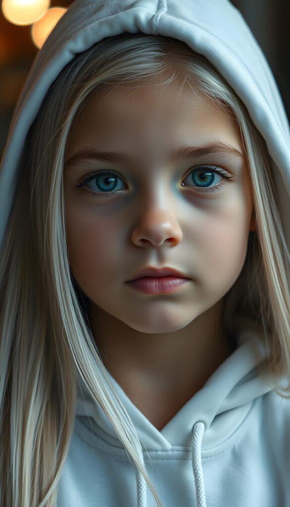 a hyper-realistic, highly detailed, vivid portrait of a young girl, long straight soft white hair, white thin hoodie, round detailed face, full lips