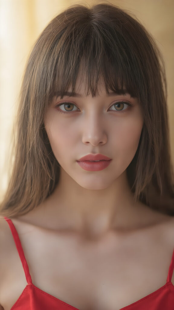 a hyper realistic version of myself, with straight, thick, slightly black red hair that reaches just above the shoulders, and glossy, plump, big red lips that are slightly parted. She wears a super realistic, flared and slightly transparent sleeveless thin strap crop top in copper red color that goes down to her thighs. The hair is straight with a slightly wavy pattern, while the lips are a light red color and are slightly parted. The face is flawless, with clear skin and a healthy glow, and the cheeks are slightly rosy. The overall look is natural and tasteful, with emphasis on the lips and skin texture. The focus is on the entire face, with a front view that captures the natural beauty of the skin and hair. The background is slightly blurred, with a golden hue that gives the image a warm and inviting feel. She poses slightly looking into the camera, with a natural expression that is in line with the overall aesthetic of the image.
