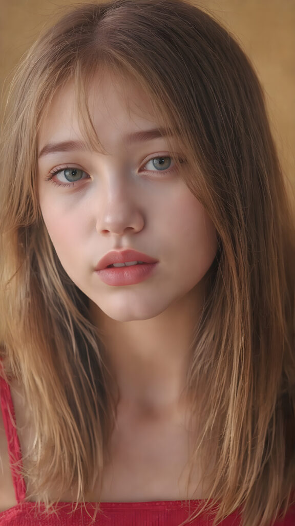 a hyper realistic version of a young teen girl, thick, slightly red hair that reaches just above the shoulders, and glossy, plump, big red lips that are slightly parted. She wears a super realistic, flared and slightly transparent sleeveless thin strap crop top in copper red color that goes down to her thighs. The hair is straight with a slightly wavy pattern, while the lips are a light red color and are slightly parted. The face is flawless, with clear skin and a healthy glow, and the cheeks are slightly rosy. The overall look is natural and tasteful, with emphasis on the lips and skin texture. The focus is on the entire face, with a front view that captures the natural beauty of the skin and hair. The background is slightly blurred, with a golden hue that gives the image a warm and inviting feel. She poses slightly looking into the camera, with a natural expression that is in line with the overall aesthetic of the image.