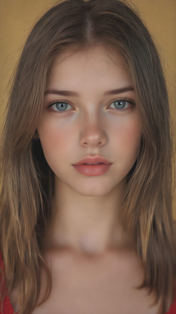 a hyper realistic version of a young teen girl, thick, slightly red hair that reaches just above the shoulders, and glossy, plump, big red lips that are slightly parted. She wears a super realistic, flared and slightly transparent sleeveless thin strap crop top in copper red color that goes down to her thighs. The hair is straight with a slightly wavy pattern, while the lips are a light red color and are slightly parted. The face is flawless, with clear skin and a healthy glow, and the cheeks are slightly rosy. The overall look is natural and tasteful, with emphasis on the lips and skin texture. The focus is on the entire face, with a front view that captures the natural beauty of the skin and hair. The background is slightly blurred, with a golden hue that gives the image a warm and inviting feel. She poses slightly looking into the camera, with a natural expression that is in line with the overall aesthetic of the image.