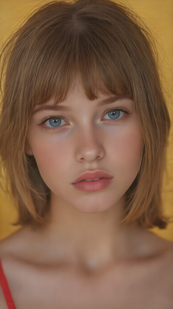 a hyper realistic version of a young teen girl, thick, slightly red hair that reaches just above the shoulders, and glossy, plump, big red lips that are slightly parted. She wears a super realistic, flared and slightly transparent sleeveless thin strap crop top in copper red color that goes down to her thighs. The hair is straight with a slightly wavy pattern, while the lips are a light red color and are slightly parted. The face is flawless, with clear skin and a healthy glow, and the cheeks are slightly rosy. The overall look is natural and tasteful, with emphasis on the lips and skin texture. The focus is on the entire face, with a front view that captures the natural beauty of the skin and hair. The background is slightly blurred, with a golden hue that gives the image a warm and inviting feel. She poses slightly looking into the camera, with a natural expression that is in line with the overall aesthetic of the image.