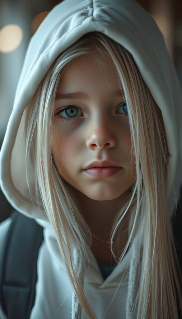 a hyper-realistic, highly detailed, vivid portrait of a young girl, long straight soft white hair, white thin hoodie, round detailed face, full lips