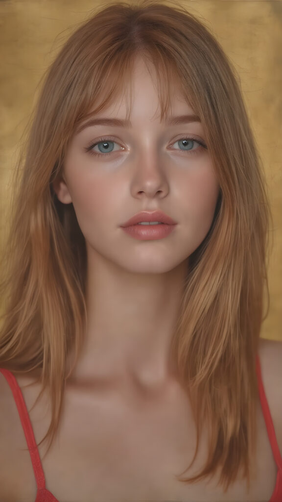 a hyper realistic version of a young teen girl, thick, slightly red hair that reaches just above the shoulders, and glossy, plump, big red lips that are slightly parted. She wears a super realistic, flared and slightly transparent sleeveless thin strap crop top in copper red color that goes down to her thighs. The hair is straight with a slightly wavy pattern, while the lips are a light red color and are slightly parted. The face is flawless, with clear skin and a healthy glow, and the cheeks are slightly rosy. The overall look is natural and tasteful, with emphasis on the lips and skin texture. The focus is on the entire face, with a front view that captures the natural beauty of the skin and hair. The background is slightly blurred, with a golden hue that gives the image a warm and inviting feel. She poses slightly looking into the camera, with a natural expression that is in line with the overall aesthetic of the image.