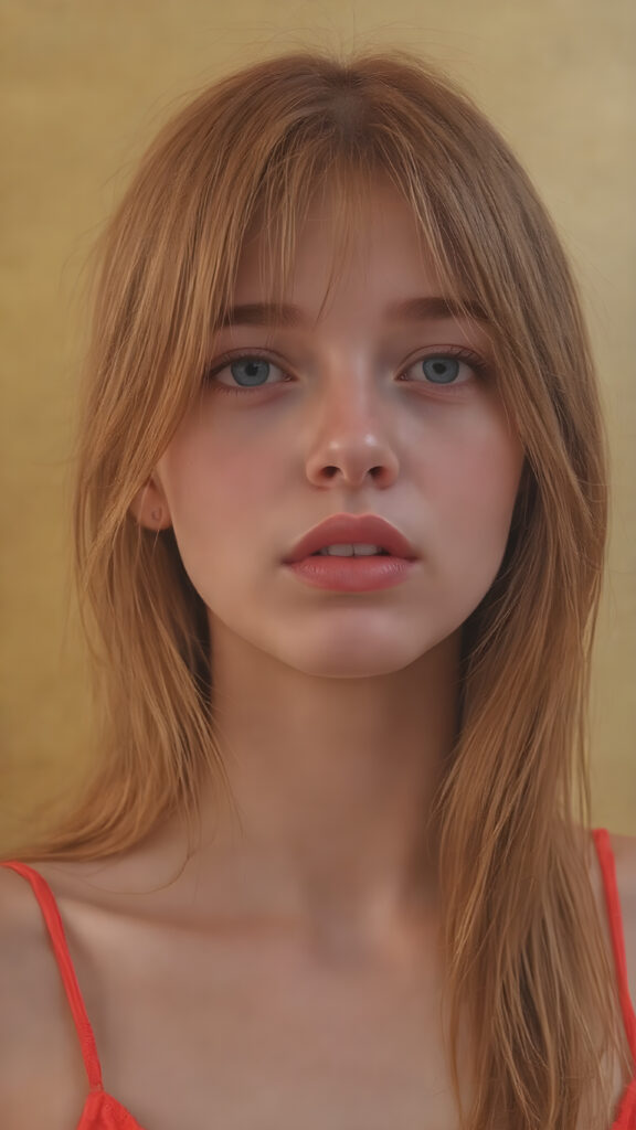 a hyper realistic version of a young teen girl, slightly soft straight red hair, and glossy, plump, big red lips that are slightly parted. She wears a super realistic, flared and slightly transparent sleeveless thin strap crop top in copper red color that goes down to her thighs, the lips are a light red color and are slightly parted. The face is flawless, with clear skin and a healthy glow, and the cheeks are slightly rosy. The overall look is natural and tasteful, with emphasis on the lips and skin texture. The focus is on the entire face, with a front view that captures the natural beauty of the skin and hair. The background is slightly blurred, with a golden hue that gives the image a warm and inviting feel. She poses slightly looking into the camera, with a natural expression that is in line with the overall aesthetic of the image.