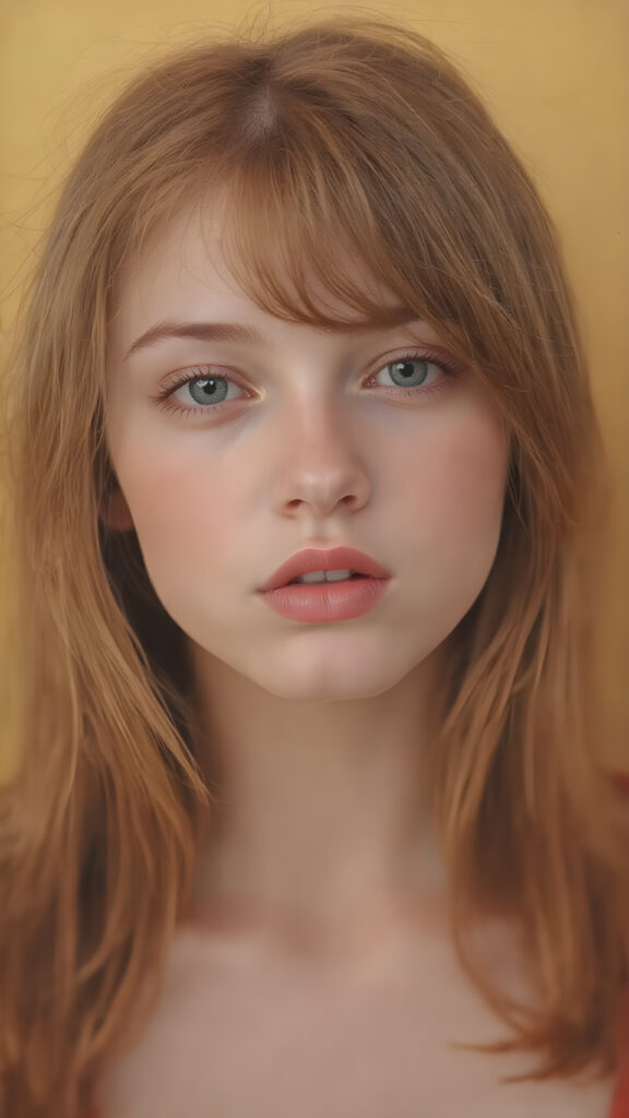 a hyper realistic version of a young teen girl, slightly soft straight red hair, and glossy, plump, big red lips that are slightly parted. She wears a super realistic, flared and slightly transparent sleeveless thin strap crop top in copper red color that goes down to her thighs, the lips are a light red color and are slightly parted. The face is flawless, with clear skin and a healthy glow, and the cheeks are slightly rosy. The overall look is natural and tasteful, with emphasis on the lips and skin texture. The focus is on the entire face, with a front view that captures the natural beauty of the skin and hair. The background is slightly blurred, with a golden hue that gives the image a warm and inviting feel. She poses slightly looking into the camera, with a natural expression that is in line with the overall aesthetic of the image.