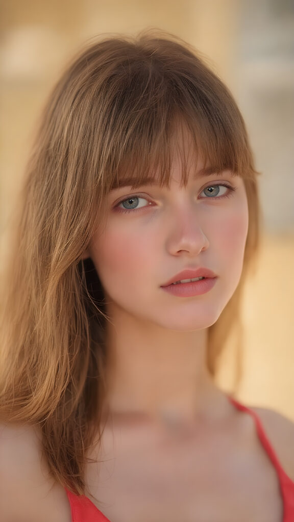 a hyper realistic version of a young teen girl, thick, slightly red hair that reaches just above the shoulders, and glossy, plump, big red lips that are slightly parted. She wears a super realistic, flared and slightly transparent sleeveless thin strap crop top in copper red color that goes down to her thighs. The hair is straight with a slightly wavy pattern, while the lips are a light red color and are slightly parted. The face is flawless, with clear skin and a healthy glow, and the cheeks are slightly rosy. The overall look is natural and tasteful, with emphasis on the lips and skin texture. The focus is on the entire face, with a front view that captures the natural beauty of the skin and hair. The background is slightly blurred, with a golden hue that gives the image a warm and inviting feel. She poses slightly looking into the camera, with a natural expression that is in line with the overall aesthetic of the image.