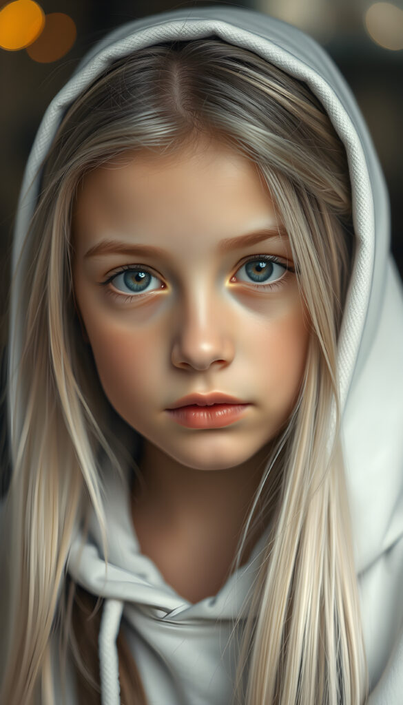 a hyper-realistic, highly detailed, vivid portrait of a young girl, long straight soft white hair, white thin hoodie, round detailed face, full lips