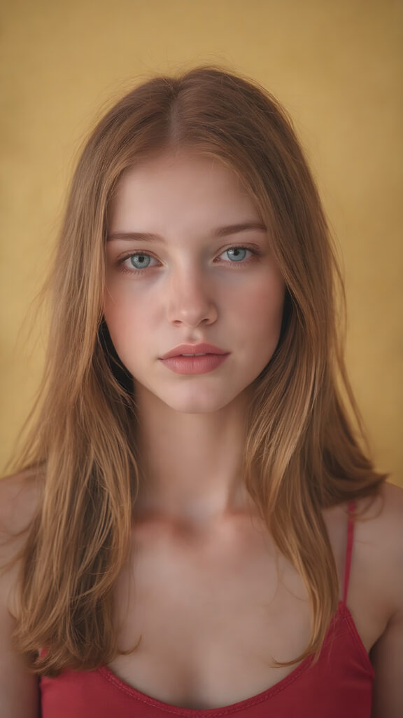 a hyper realistic version of a young teen girl, slightly soft straight red hair, and glossy, plump, big red lips that are slightly parted. She wears a super realistic, flared and slightly transparent sleeveless thin strap crop top in copper red color that goes down to her thighs, the lips are a light red color and are slightly parted. The face is flawless, with clear skin and a healthy glow, and the cheeks are slightly rosy. The overall look is natural and tasteful, with emphasis on the lips and skin texture. The focus is on the entire face, with a front view that captures the natural beauty of the skin and hair. The background is slightly blurred, with a golden hue that gives the image a warm and inviting feel. She poses slightly looking into the camera, with a natural expression that is in line with the overall aesthetic of the image.