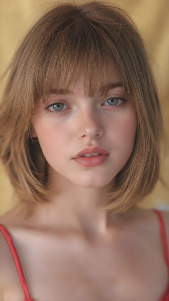a hyper realistic version of a young teen girl, thick, slightly red hair that reaches just above the shoulders, and glossy, plump, big red lips that are slightly parted. She wears a super realistic, flared and slightly transparent sleeveless thin strap crop top in copper red color that goes down to her thighs. The hair is straight with a slightly wavy pattern, while the lips are a light red color and are slightly parted. The face is flawless, with clear skin and a healthy glow, and the cheeks are slightly rosy. The overall look is natural and tasteful, with emphasis on the lips and skin texture. The focus is on the entire face, with a front view that captures the natural beauty of the skin and hair. The background is slightly blurred, with a golden hue that gives the image a warm and inviting feel. She poses slightly looking into the camera, with a natural expression that is in line with the overall aesthetic of the image.