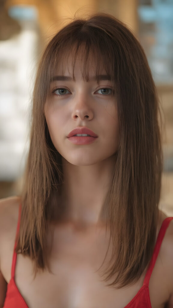 a hyper realistic version of myself, with straight, thick, slightly black red hair that reaches just above the shoulders, and glossy, plump, big red lips that are slightly parted. She wears a super realistic, flared and slightly transparent sleeveless thin strap crop top in copper red color that goes down to her thighs. The hair is straight with a slightly wavy pattern, while the lips are a light red color and are slightly parted. The face is flawless, with clear skin and a healthy glow, and the cheeks are slightly rosy. The overall look is natural and tasteful, with emphasis on the lips and skin texture. The focus is on the entire face, with a front view that captures the natural beauty of the skin and hair. The background is slightly blurred, with a golden hue that gives the image a warm and inviting feel. She poses slightly looking into the camera, with a natural expression that is in line with the overall aesthetic of the image.