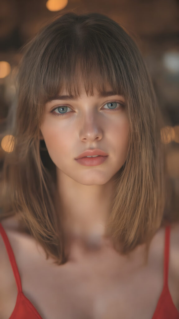 a hyper realistic version of a young teen girl, thick, slightly red hair that reaches just above the shoulders, and glossy, plump, big red lips that are slightly parted. She wears a super realistic, flared and slightly transparent sleeveless thin strap crop top in copper red color that goes down to her thighs. The hair is straight with a slightly wavy pattern, while the lips are a light red color and are slightly parted. The face is flawless, with clear skin and a healthy glow, and the cheeks are slightly rosy. The overall look is natural and tasteful, with emphasis on the lips and skin texture. The focus is on the entire face, with a front view that captures the natural beauty of the skin and hair. The background is slightly blurred, with a golden hue that gives the image a warm and inviting feel. She poses slightly looking into the camera, with a natural expression that is in line with the overall aesthetic of the image.