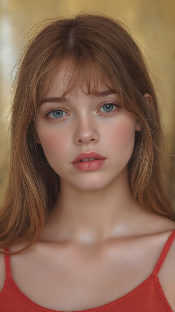 a hyper realistic version of a young teen girl, slightly soft straight red hair, and glossy, plump, big red lips that are slightly parted. She wears a super realistic, flared and slightly transparent sleeveless thin strap crop top in copper red color that goes down to her thighs, the lips are a light red color and are slightly parted. The face is flawless, with clear skin and a healthy glow, and the cheeks are slightly rosy. The overall look is natural and tasteful, with emphasis on the lips and skin texture. The focus is on the entire face, with a front view that captures the natural beauty of the skin and hair. The background is slightly blurred, with a golden hue that gives the image a warm and inviting feel. She poses slightly looking into the camera, with a natural expression that is in line with the overall aesthetic of the image.