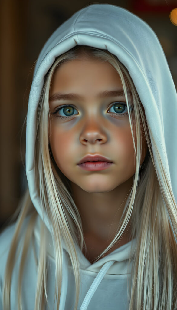 a hyper-realistic, highly detailed, vivid portrait of a young girl, long straight soft white hair, white thin hoodie, round detailed face, full lips