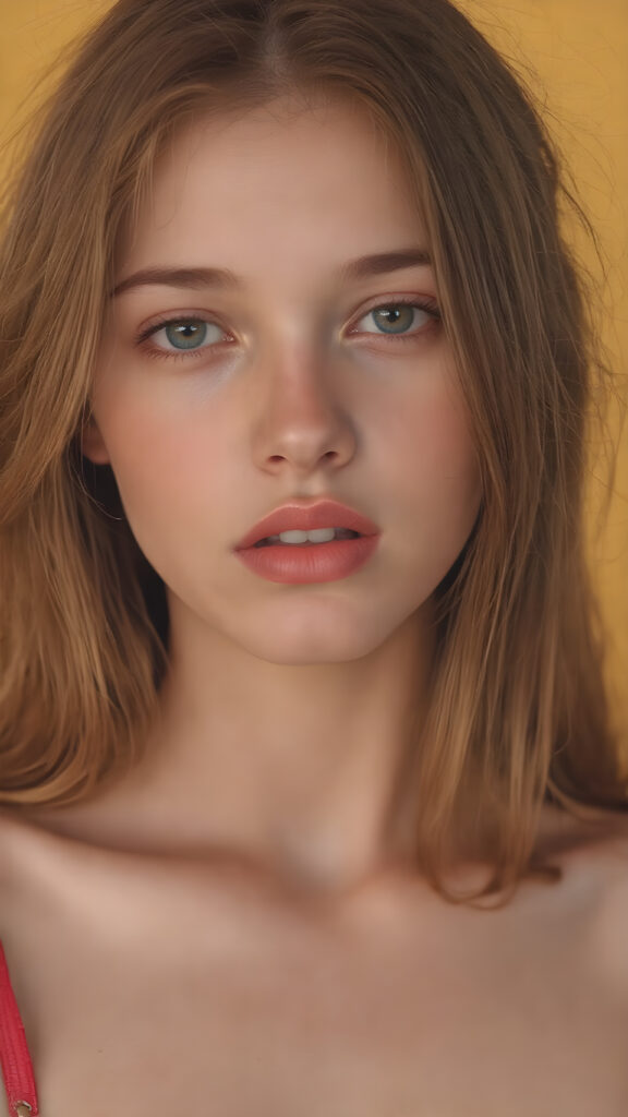 a hyper realistic version of a young teen girl, thick, slightly red hair that reaches just above the shoulders, and glossy, plump, big red lips that are slightly parted. She wears a super realistic, flared and slightly transparent sleeveless thin strap crop top in copper red color that goes down to her thighs. The hair is straight with a slightly wavy pattern, while the lips are a light red color and are slightly parted. The face is flawless, with clear skin and a healthy glow, and the cheeks are slightly rosy. The overall look is natural and tasteful, with emphasis on the lips and skin texture. The focus is on the entire face, with a front view that captures the natural beauty of the skin and hair. The background is slightly blurred, with a golden hue that gives the image a warm and inviting feel. She poses slightly looking into the camera, with a natural expression that is in line with the overall aesthetic of the image.