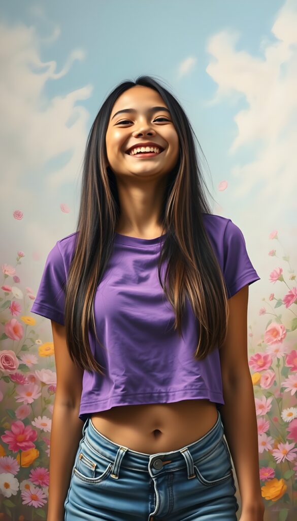 a joyful young girl radiating happiness, wearing a vibrant purple cropped t-shirt. Her straight, long jet-black hair with light brown highlights cascades like a waterfall down her shoulders. She sports a pair of trendy jeans, playfully showcasing her navel as she stands confidently. The background is a dreamlike pastel landscape filled with whimsical flowers, enhancing her infectious smile. The scene captures a sense of freedom and youth, reminiscent of a vibrant pop art painting.