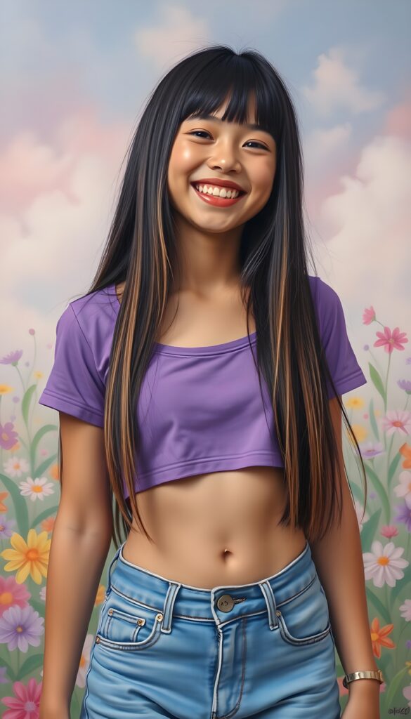 a joyful young girl radiating happiness, wearing a vibrant purple cropped t-shirt. Her straight, long jet-black hair with light brown highlights cascades like a waterfall down her shoulders. She sports a pair of trendy jeans, playfully showcasing her navel as she stands confidently. The background is a dreamlike pastel landscape filled with whimsical flowers, enhancing her infectious smile. The scene captures a sense of freedom and youth, reminiscent of a vibrant pop art painting.