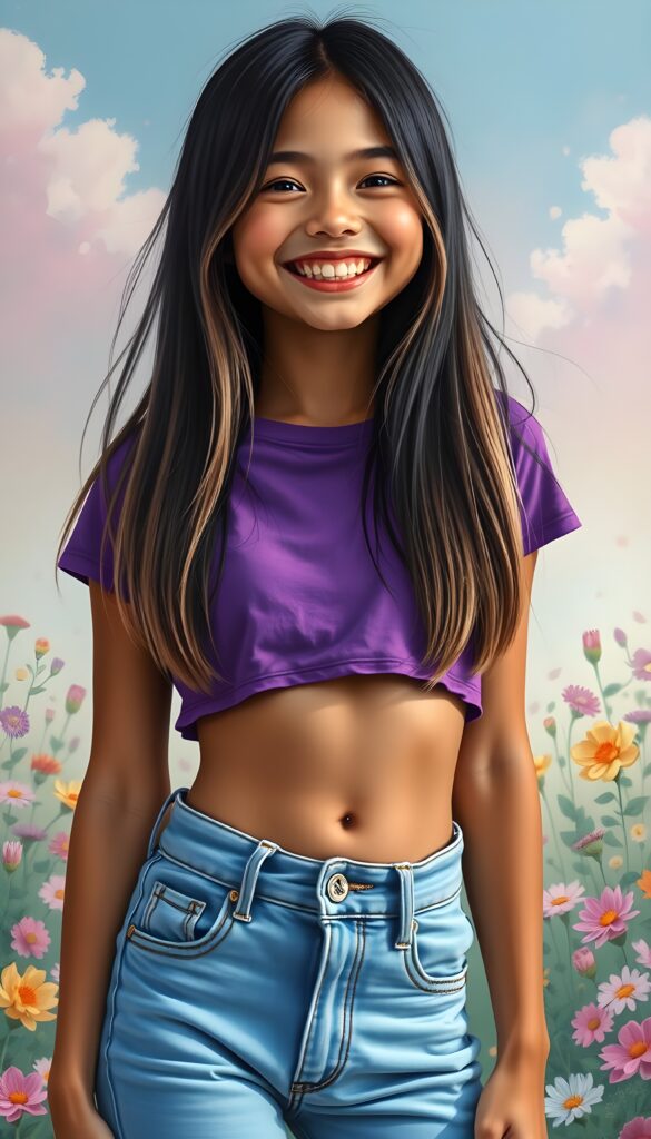 a joyful young girl radiating happiness, wearing a vibrant purple cropped t-shirt. Her straight, long jet-black hair with light brown highlights cascades like a waterfall down her shoulders. She sports a pair of trendy jeans, playfully showcasing her navel as she stands confidently. The background is a dreamlike pastel landscape filled with whimsical flowers, enhancing her infectious smile. The scene captures a sense of freedom and youth, reminiscent of a vibrant pop art painting.