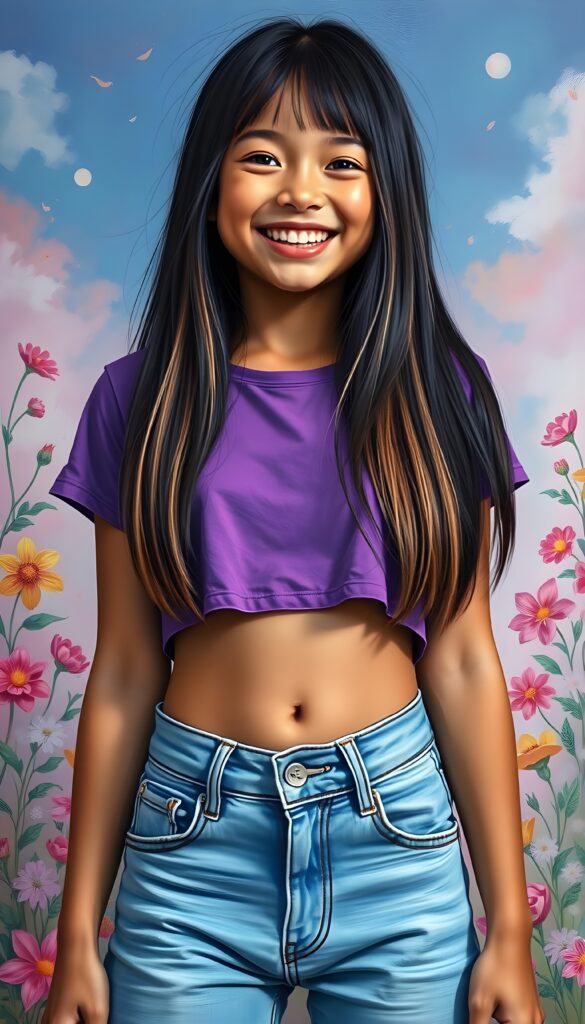 a joyful young girl radiating happiness, wearing a vibrant purple cropped t-shirt. Her straight, long jet-black hair with light brown highlights cascades like a waterfall down her shoulders. She sports a pair of trendy jeans, playfully showcasing her navel as she stands confidently. The background is a dreamlike pastel landscape filled with whimsical flowers, enhancing her infectious smile. The scene captures a sense of freedom and youth, reminiscent of a vibrant pop art painting.