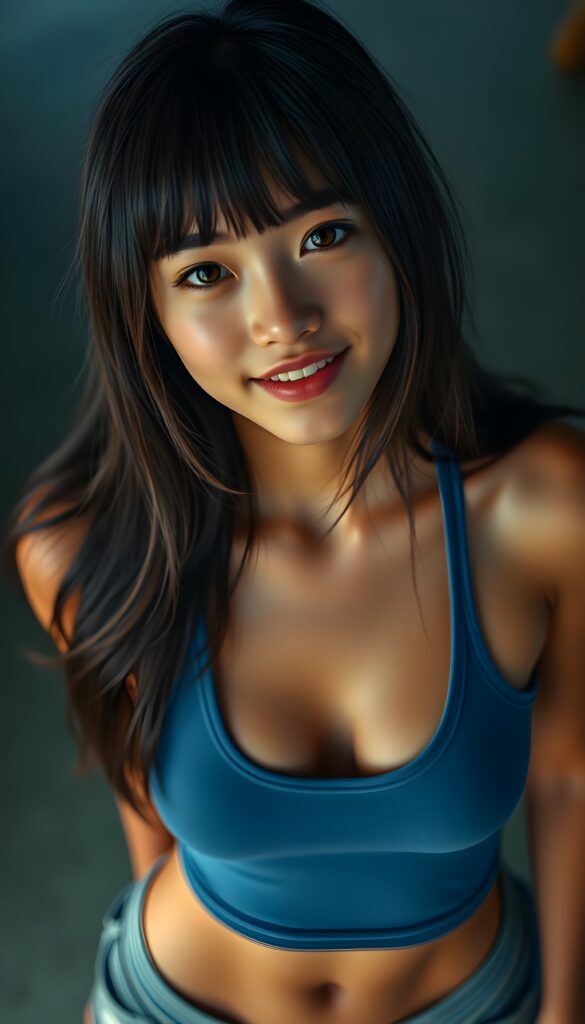 a joyfully cute (((young tanned teen girl))), with long, soft straight black hair and brown highlights, the hair falls gently over her upper body and is the same length on both sides, bangs cut frame her round face, exquisitely detailed amber eyes, dressed in a sleek, form-fitting blue (((cropped tank top, deep neck))), she has a perfect curved fit body, full lips, her expression radiating pure elation towards the viewer, detailed, realistic, 4k, view from above.