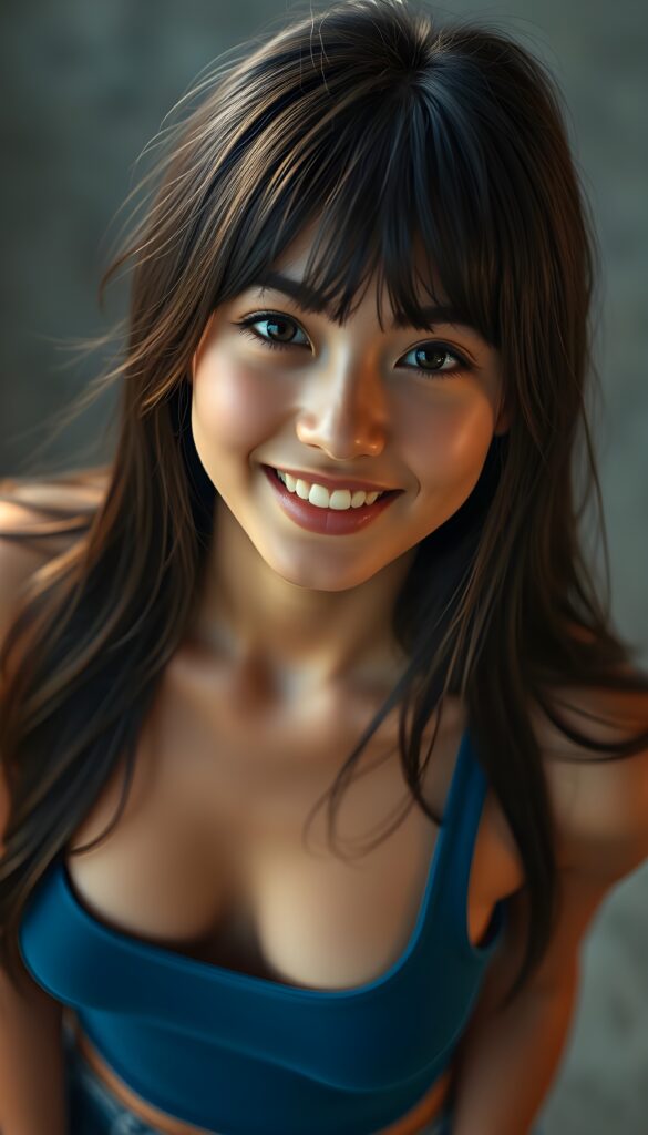 a joyfully cute (((young tanned teen girl))), with long, soft straight black hair and brown highlights, the hair falls gently over her upper body and is the same length on both sides, bangs cut frame her round face, exquisitely detailed amber eyes, dressed in a sleek, form-fitting blue (((cropped tank top, deep neck))), she has a perfect curved fit body, full lips, her expression radiating pure elation towards the viewer, detailed, realistic, 4k, view from above.