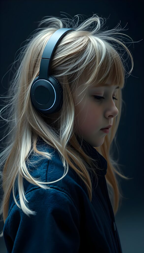 a little girl, cute, blond long silky messy hair and brown highlights, wears a blue winter coat, dark background, futuristic wireless headphone. Side view. Closed eyes.